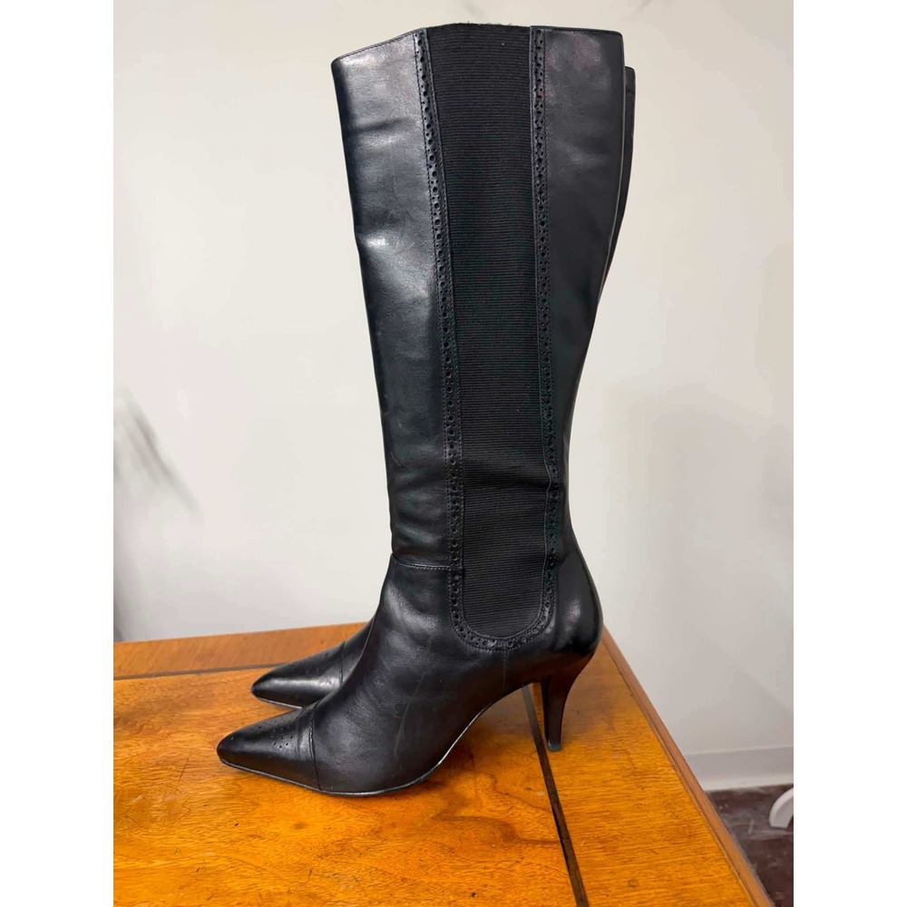 Vtg Audrey Brooke 9.5 Lorca Black Leather Knee High Boots Pointed Toe Heels